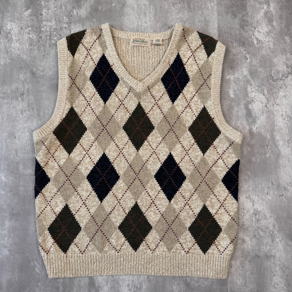 Vintage St John's Bay Sweater Vest Mens L Beige Argyle V-Neck Silk Cotton 90s